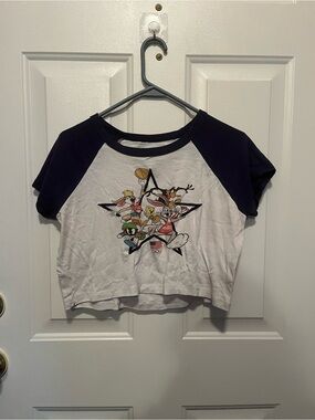 Freeze White Crop Raglan Tee with Navy Sleeves and Cartoon Graphic